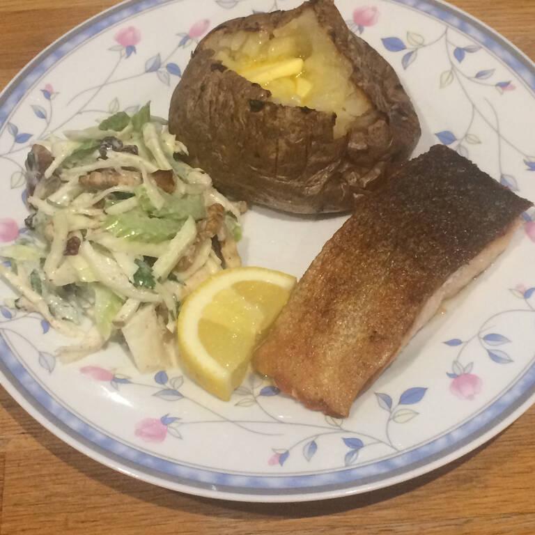Quick-brined salmon, baked potato and waldorf slaw