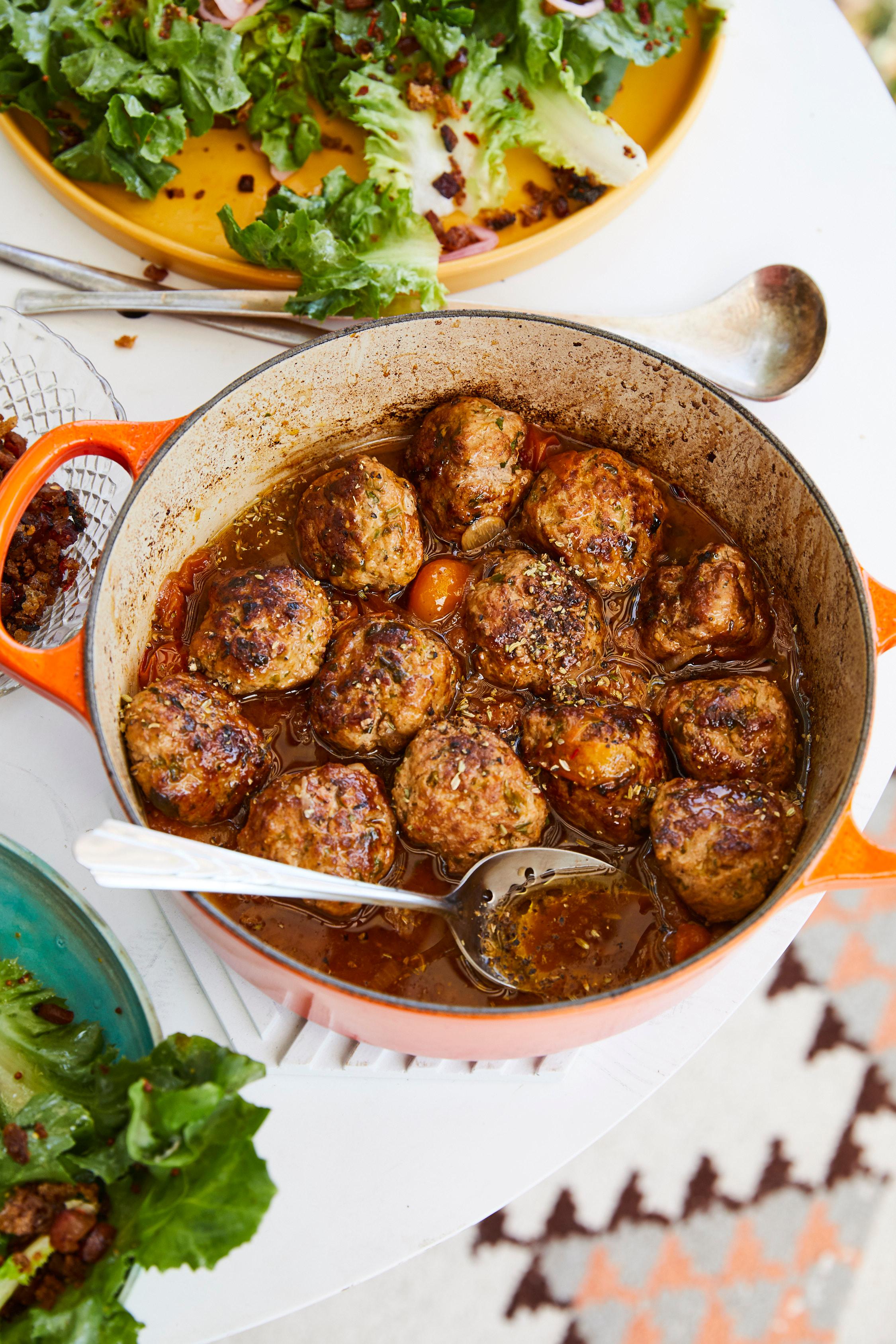 Spicy Pork Meatballs in Brothy Tomatoes and Toasted Fennel