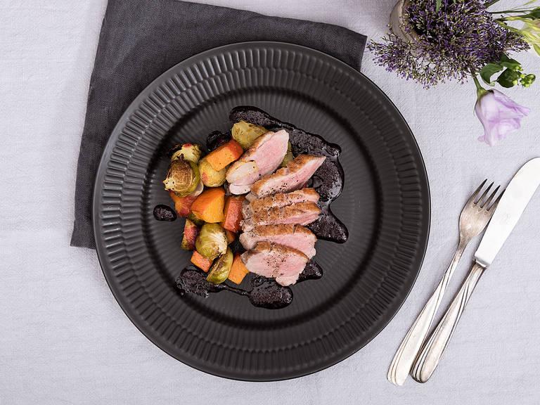 Duck breast with roasted Brussels sprouts and pumpkin