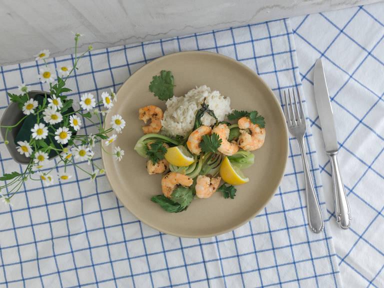 Shrimp with baby bok choy and coconut rice