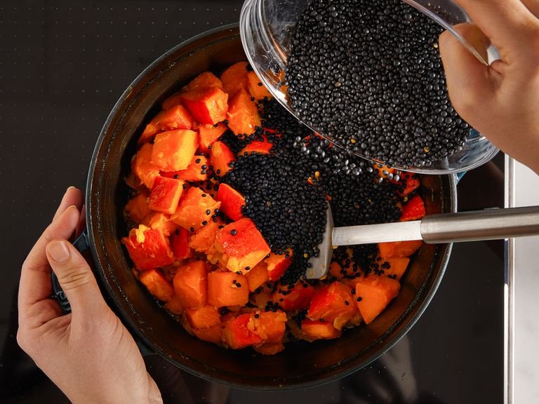 Heat coconut oil in a large pot over medium heat. Add pumpkin and sauté for approx. 5 min. Next, add onions, garlic and ginger and sauté for another approx. 2 min. Add curry paste and beluga lentils and sauté again for approx. 2 – 3 min, until fragrant.