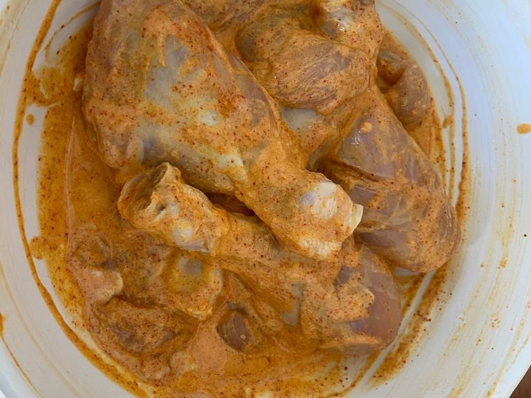 Marinate chicken - Add 1tsp oil to the chicken and add below ingredients and mix them up until you have a paste in which the chicken sits. Leave this mix for 1 hour 45minutes in the fridge.