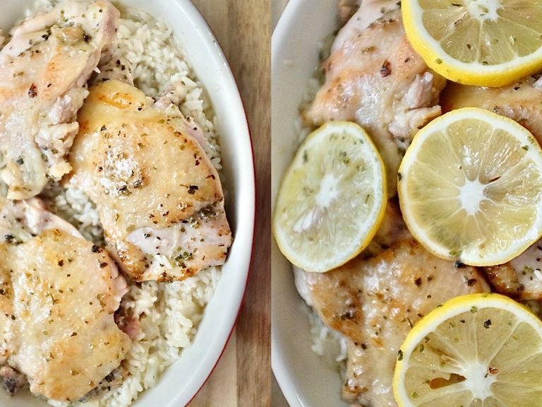 Preheat the oven to 200c. Place the rice into a deep roasting pan and add the chicken thighs and lemon on it .