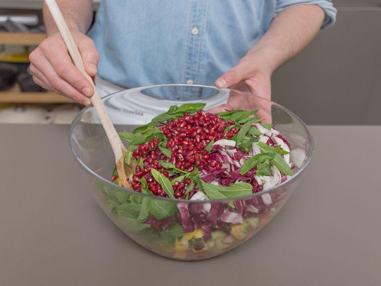 Deseed pomegranate and add pomegranate seeds, pulled chicken, and mint to salad. Mix and toss with some dressing. Enjoy!