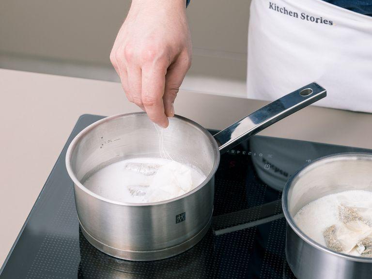 Boil the milk with half the chamomile tea bags in a small saucepan. Bring the coconut milk to a boil with the remaining chamomile tea bags in a second saucepan. Remove both from the heat and set aside, swirling the tea bags occasionally, and let the milks cool.