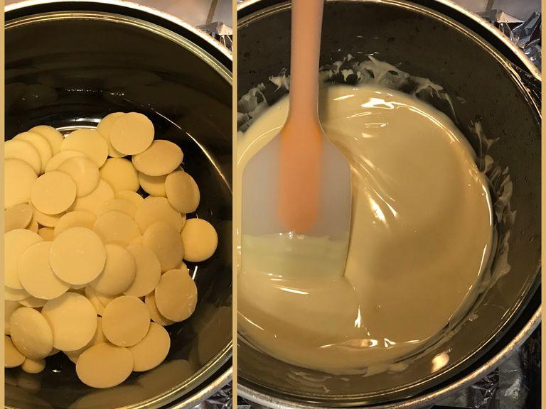 You can leave the cakes to chill for a day before assembling and frosting. To make the white chocolate buttercream, melt white chocolate. Make sure it’s completely smooth! (I used a glass bowl set over a saucepan of simmering water, but you can melt it in the microwave too.)