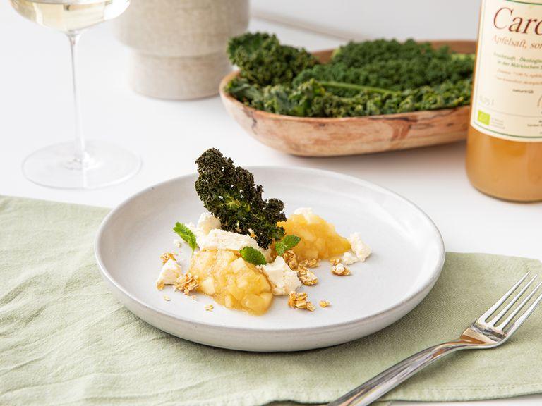 Apple compote with oatmeal crunch, cream cheese, and kale chips