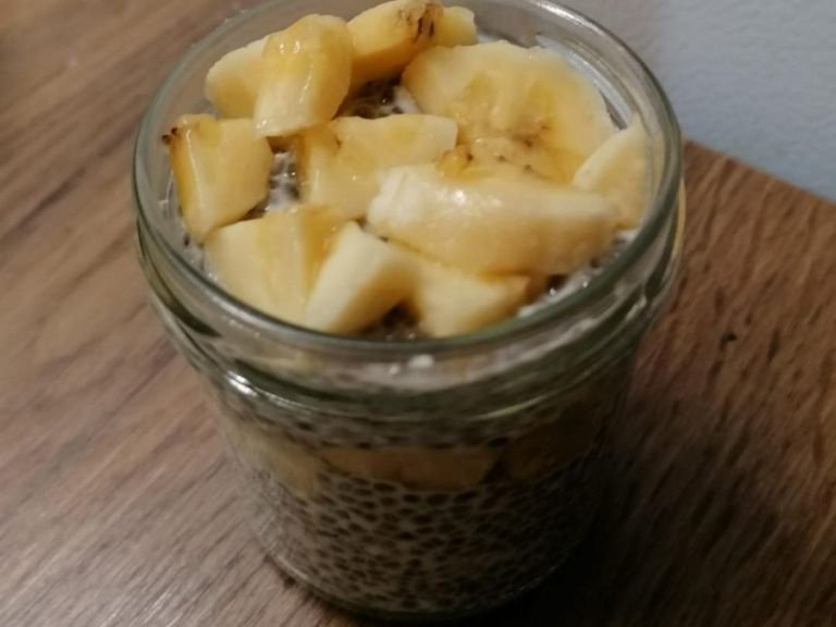 Pour chia seeds into a bowl and pour almond milk