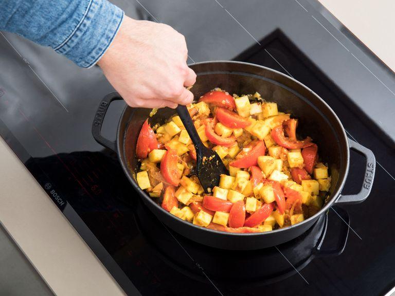 In a large pot, heat coconut oil over medium heat and add onions, garlic and ginger and fry until translucent, approx. 5 min. Add tomatoes, curry paste, curry powder, and apricots and sauté briefly. Then add rutabaga cubes to the pot, season with salt and pepper and cook further 2 – 3 min. while stirring frequently.