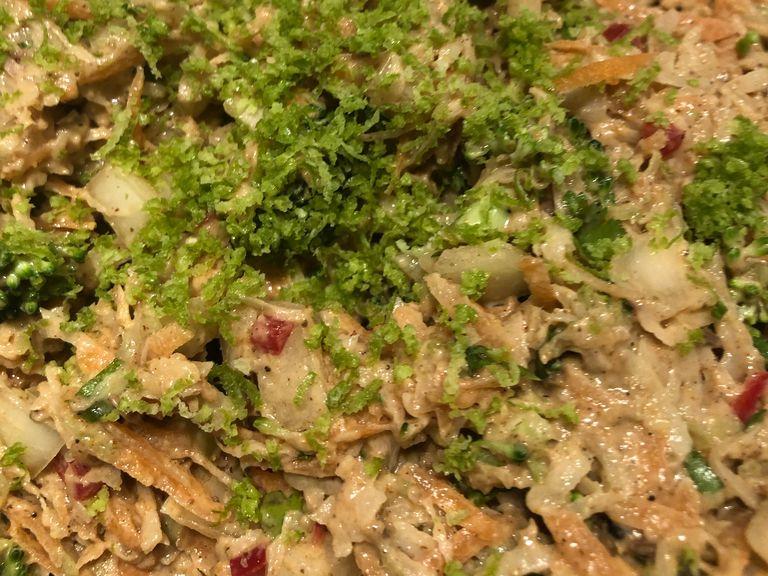 Add the 1 whole lime zest and the dried pomegranate seeds and mix some more. Cover and set aside.