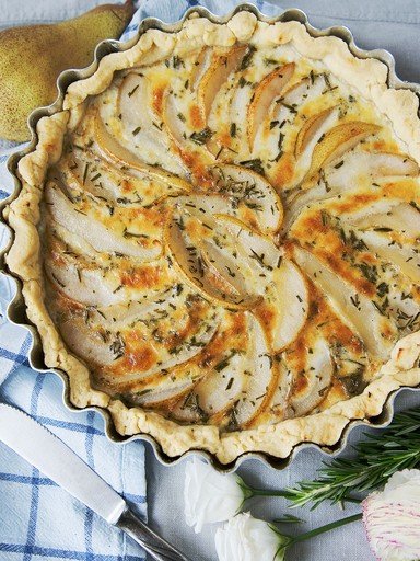 Blue cheese, pear, and rosemary tart
