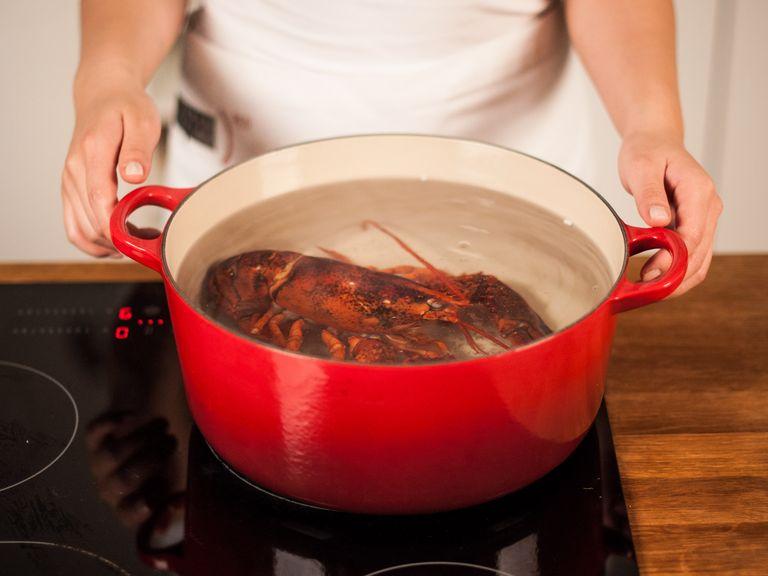 Parboil the lobster so you don’t end up with a nicely grilled outside and raw inside. Drop the Lobster in a pot of boiling water and cook for approx. 5 min.