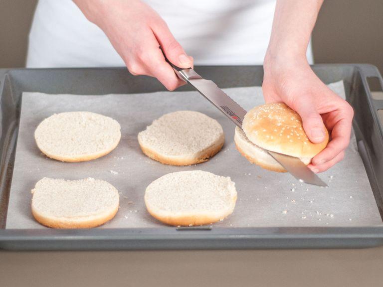 Halve burger buns and place on a lined baking sheet. Toast in preheated oven at 200°C (400°F) for approx. 4 – 6 min.