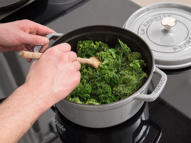 Remove kale leaves from stems. Heat some olive oil in a pot over medium-high heat. Add kale leaves, season with salt and pepper, and cook for approx. 8 - 10 min.