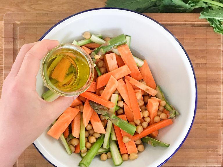 Toss sweet potato, carrot, asparagus, and chickpeas with some olive oil and salt,. Transfer to a baking sheet, then bake at 180°C/350°F for approx. 15 min.