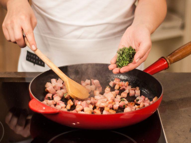 Sauté bacon in a pan until crispy. Add marjoram and continue to sauté some more. Set aside.