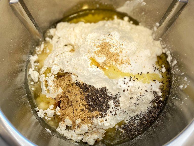 If using a stand mixer, attach the dough hook and combine the yeast/water mixture, flour, salt, olive oil, flaxseed, and chia seeds- mix on low just to combine. If mixing by hand, combine ingredients together and knead the dough for about 5-6 minutes.