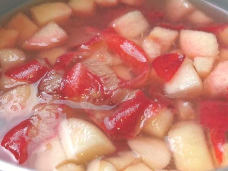 Add water to saucepan, stir in peach mixtures, heat over medium