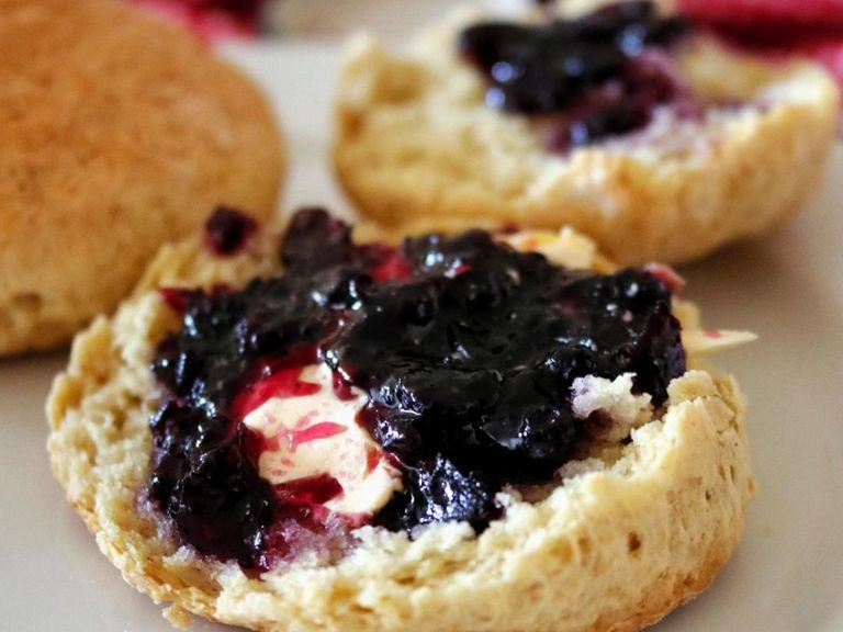 Take out the baked scones. They should have a nice light brown color to them. Cut them and eat with jam or clotted cream or whatever fancies you!