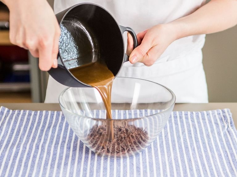 Finely chop chocolate and transfer to a large bowl. In a small saucepan, bring espresso powder, cream, and golden syrup to a simmer over medium heat. Pour over chopped chocolate, let stand for approx. 15 – 30 sec., and then stir well to combine.