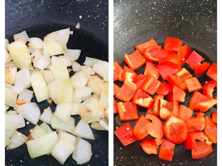 While the gravy is being cooked, set aside the fried paneer cubes. In the same pan, add some oil if needed. Go ahead and sauté the cubed onion and bell pepper one after the other. Once done, set these aside as well. 