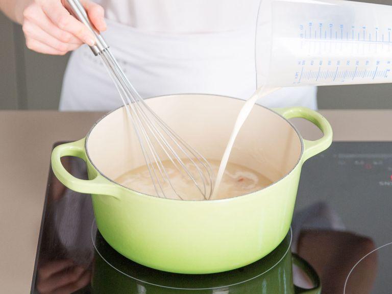 In another large saucepan, melt butter and fry bacon on medium-high heat until browned, approx. 2 – 3 min. Add flour, stir to combine, and cook for approx. 1 min. Add cream, potatoes, celery, and fish stock and cook until warmed through. Add milk and cook for approx. 5 more min.