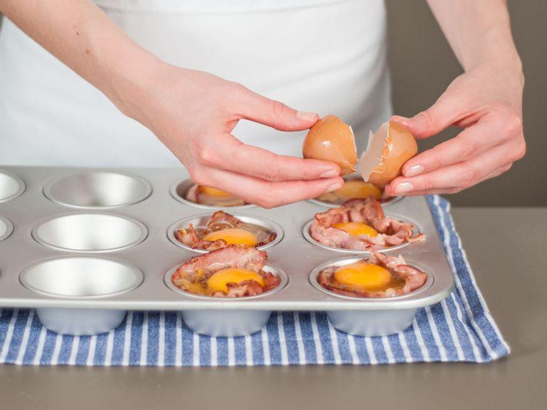 Next, crack one egg into each muffin cup. Bake in oven at 180°C/350°F for approx. 8 – 10 min. Enjoy!