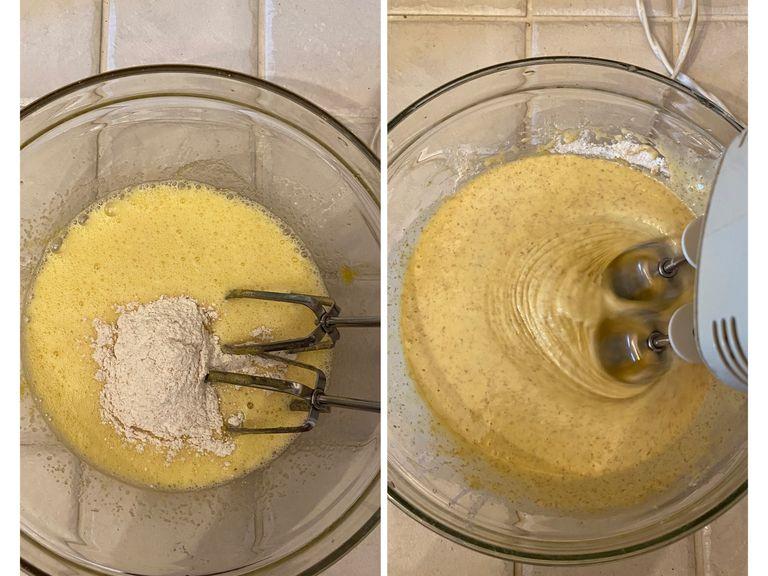 Gradually add flour to the bowl and whisk until you get a smooth mixture.