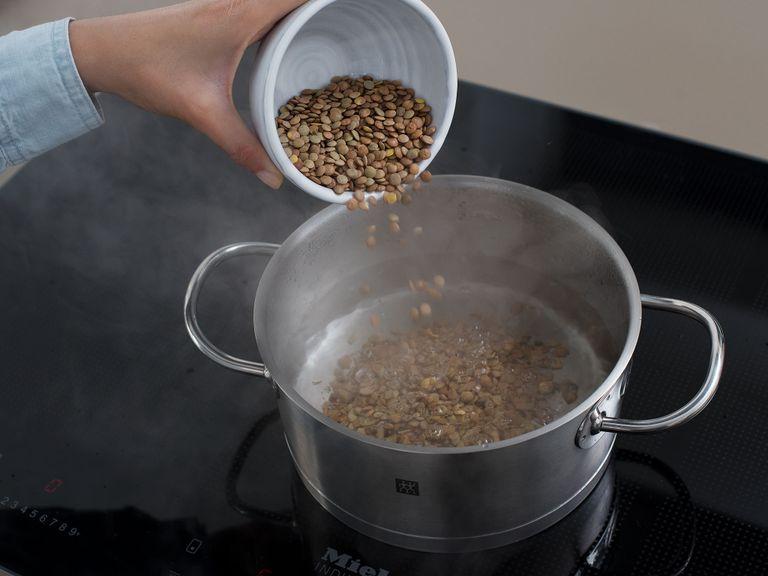 Wasser in einem Topf über hoher Hitze zum Kochen bringen. Linsen dazugeben, die Hitze auf kleine bis mittlere Stufe reduzieren und die Linsen in leicht-köchelndem Wasser ca.  20 – 30 Min. garen. Anschließend abgießen und zum Abkühlen beiseitestellen.