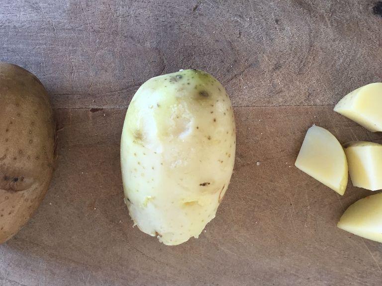 boil skin-on potatoes on salted water until tender. Let cool, then peel and dice. (quick tip: boil the potatoes and chill overnight. This will make it easier for peeling and cutting.)