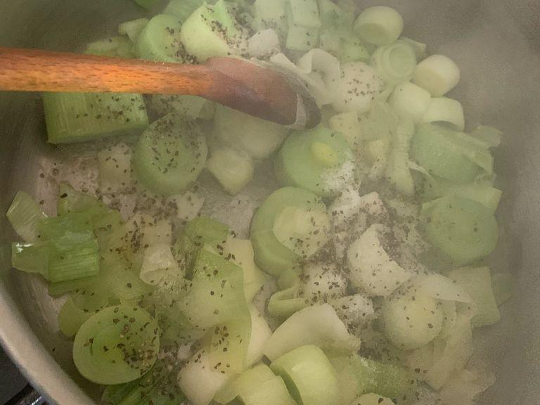 Season your softened leeks in the pan, salt, pepper & garlic powder