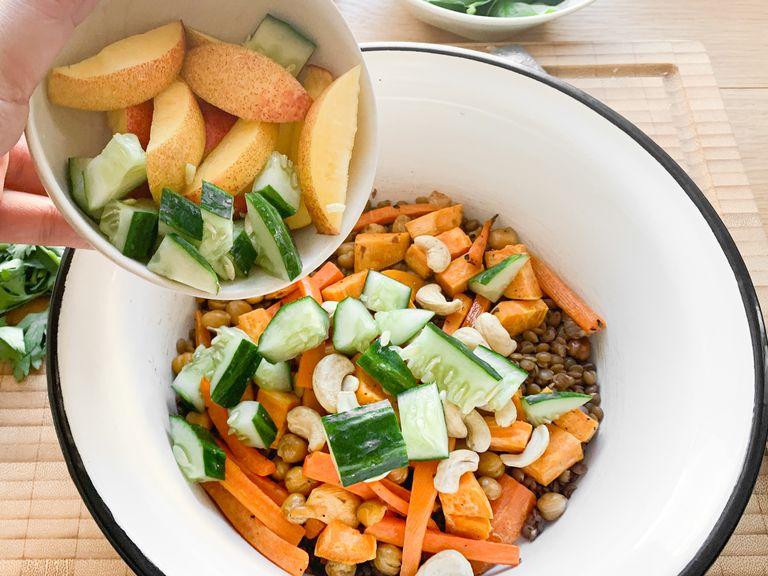 Add lentils, roasted chickpeas, vegetables, cucumber, nectarine, baby spinach, and cashews to a bowl. Drizzle with the dressing and fresh herbs, and toss to combine. Enjoy!