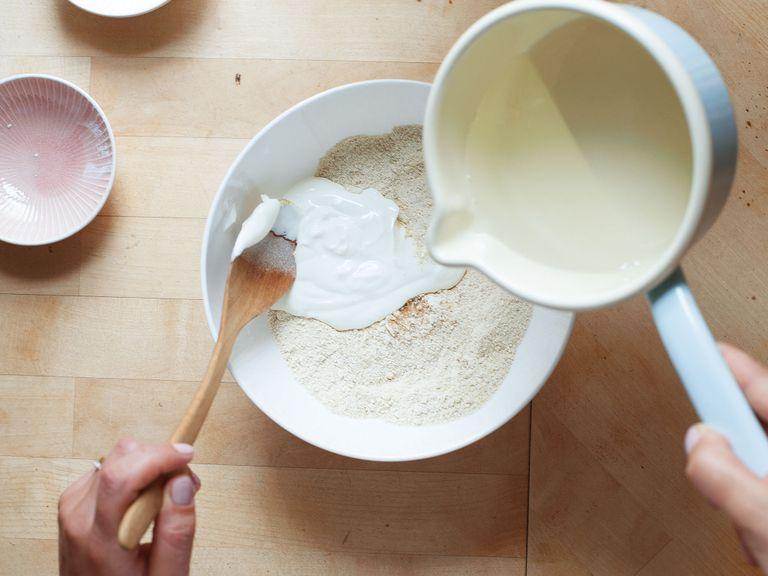 In a large bowl, mix einkorn wheat, baking powder, coconut sugar, and salt. Stir in yogurt and coconut oil and work into a smooth dough with your hands.