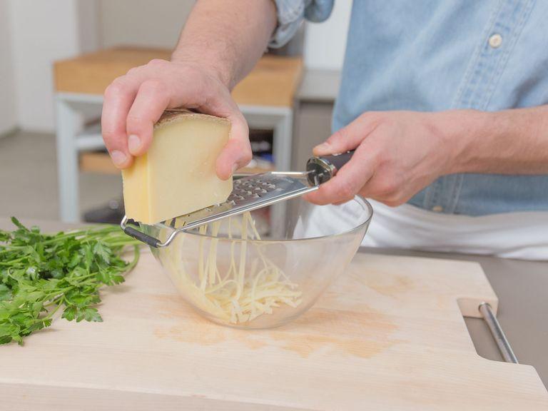 Grate cheese and wash and chop parsley. Set aside. Wash lettuce and add to large mixing bowl.
