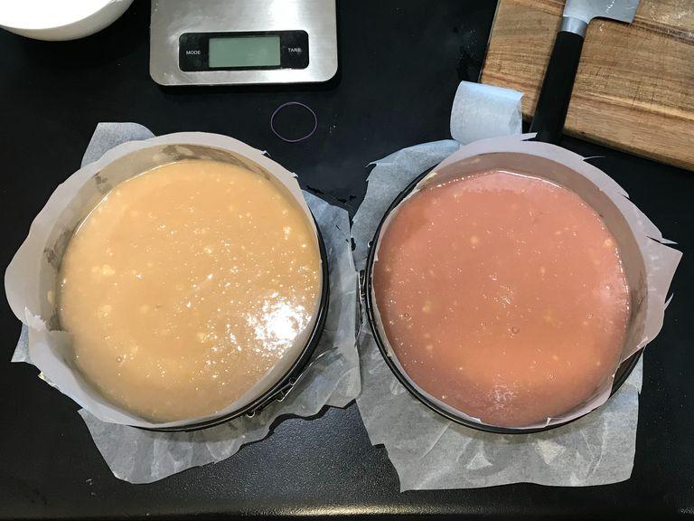Pour batter from the two bowls into each of the two cake tins, and bake in the oven for approximately 30-35 minutes or until a skewer inserted in the middle comes out clean.