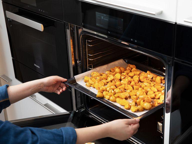 Distribute potatoes onto a parchment-lined baking sheet and roast for approx. 20 – 30 min. at 200°C/400°F, or until crispy and golden brown. Flip potatoes after 10 – 15 min.