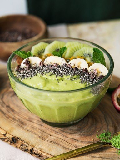 Matcha smoothie bowl with chia seeds