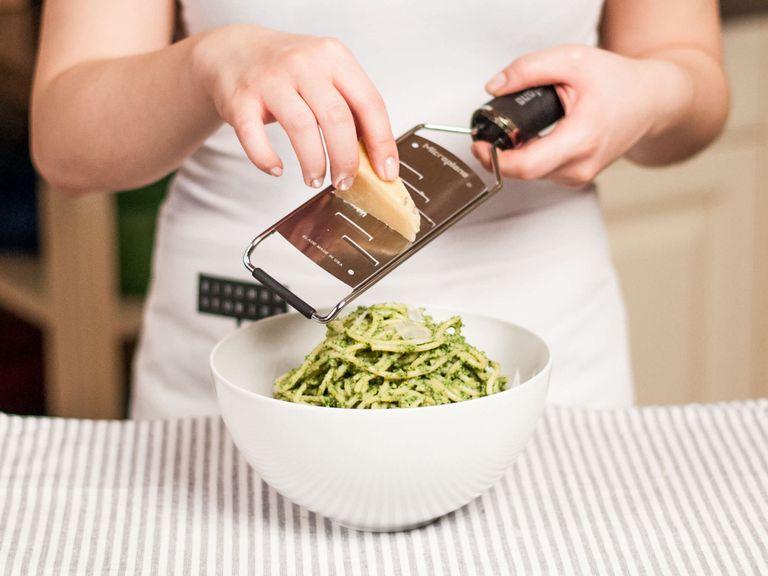 In a large bowl, combine cooked pasta with yogurt-pesto. If the pasta seems too dry, add some of the previously saved pasta water. Serve with shavings of Parmesan cheese.