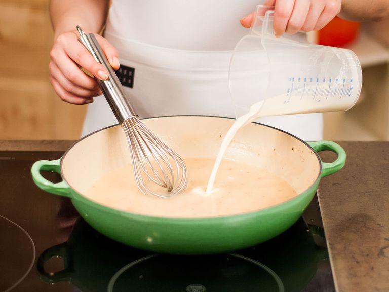 Then, stir in heavy cream. Bring sauce to a simmer for approx. 5 – 7 min. until thickened.