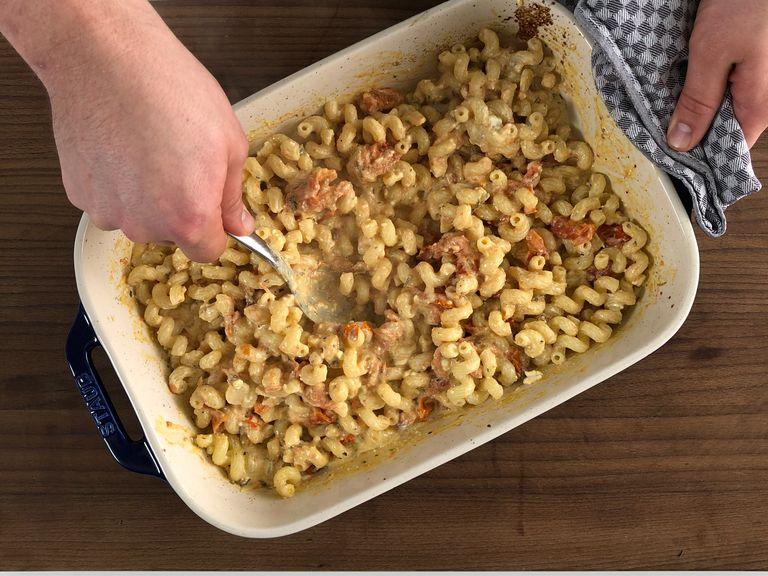 Remove baking dish from the oven and stir to combine all the ingredients. Stir in pasta and serve immediately. Enjoy!