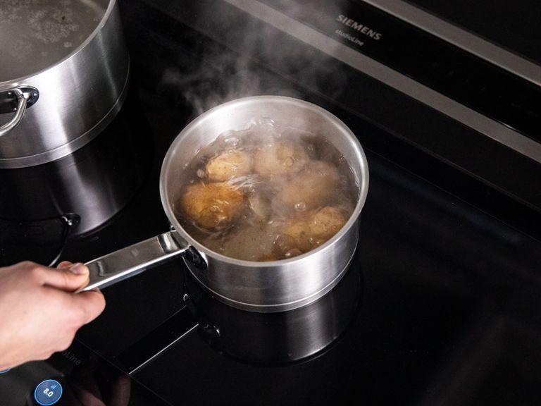 In the meantime, add potatoes to a pot of cold water and bring to a boil. Let simmer for approx. 15 min., then drain.