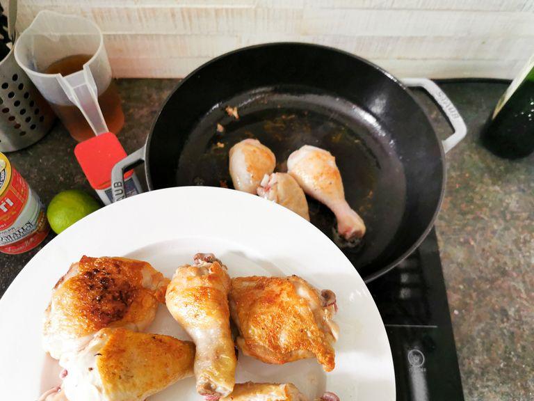 Season chicken thighs on both sides with salt and pepper. Place skin-side down in an ovenproof pan, and sear over medium heat for approx. 8 min., or until the skin is golden brown and crispy. Flip the chicken thighs and sear for another 2 – 3 min. Remove chicken from the pan and set aside.