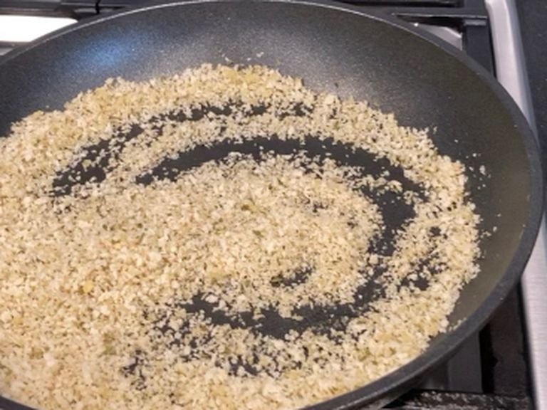 Toast the Panko breadcrumbs in a frying pan with a tablespoon of olive oil, until nice and brown.￼