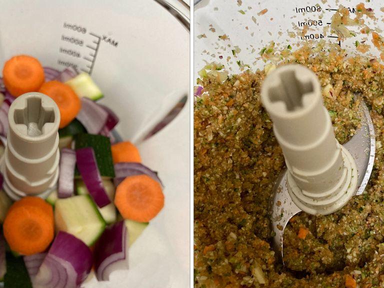 Karotten, Zucchini und die Zwiebel grob schneiden und mit einer Maschine fein zerkleinern.