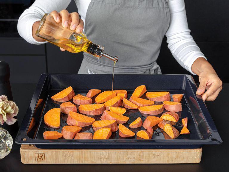 Preheat the oven to 200°C/400°F. With the skin on, slice the sweet potatoes into wedges. Transfer to a baking sheet, drizzle with some olive oil, season with salt and toss to combine. Let roast for approx. 25 - 30 min. or until the edges are brown and crisp.