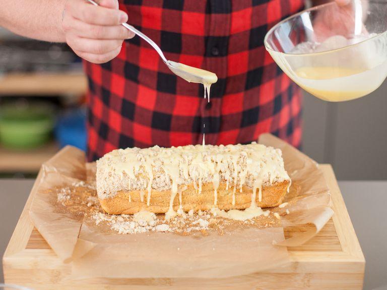 Remove cake from oven, transfer to a cooling rack, and let cool. In the meantime, make the glaze by melting remaining butter and mixing with the remaining eggnog, rum, and confectioner’s sugar. Drizzle glaze over cake.