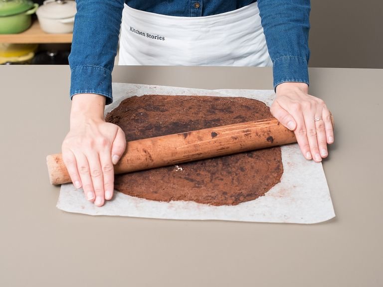 Line a springform pan with parchment paper, lightly grease with butter, and set aside. Preheat oven to 180°C/350°F. Dust a sheet of parchment paper with cocoa powder and roll out about 2/3 of the dough into a circle slightly larger than the mold. Transfer to the prepared springform and press dough to fit, creating a 2 cm/0.75 in. high edge on the sides.