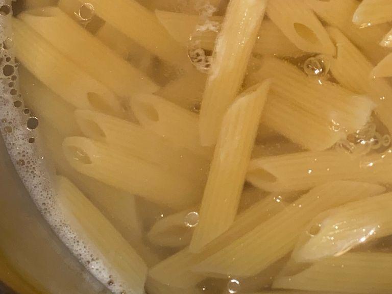 To about 3 cups of water in the pot add some salt and add the pasta of your liking. Let it boil as long as the instructions in the packaging of the pasta recommend.