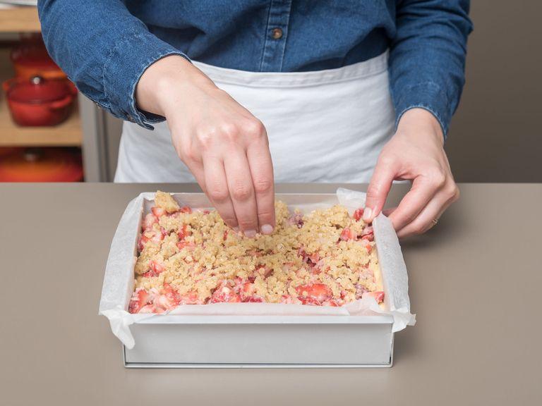 Transfer batter to prepared pan, spread strawberry mixture over it, then top with crumb topping. Bake for approx. 50 min., or until golden and a toothpick inserted in the center comes out clean. Let cool completely before slicing. Enjoy!