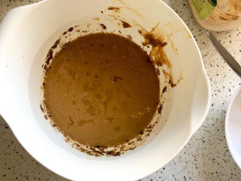 Add the sugar, molasses, caramel, espresso, vinegar, salt, coffee extract, cinnamon, and tahini mixture to the flax-eggs. Whisk vigorously until finely blended.